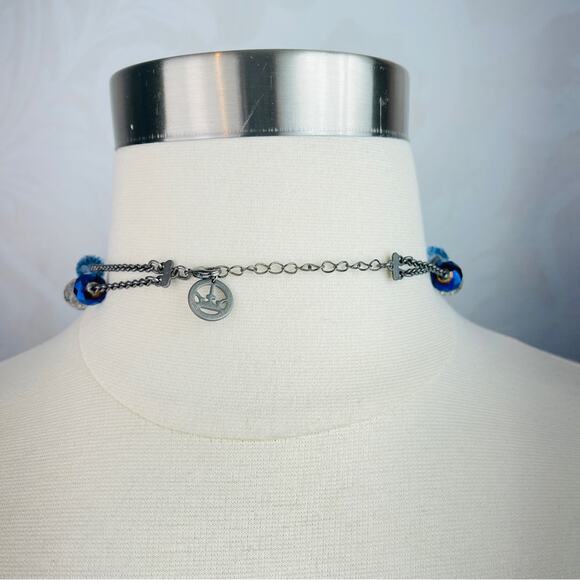 Trifari blue clear beaded 2 strand necklace choker - Picture 5 of 10